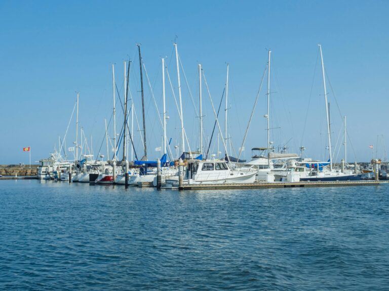 Scenic view of luxury yachts docked at Santa Barbara Harbor on a clear day.